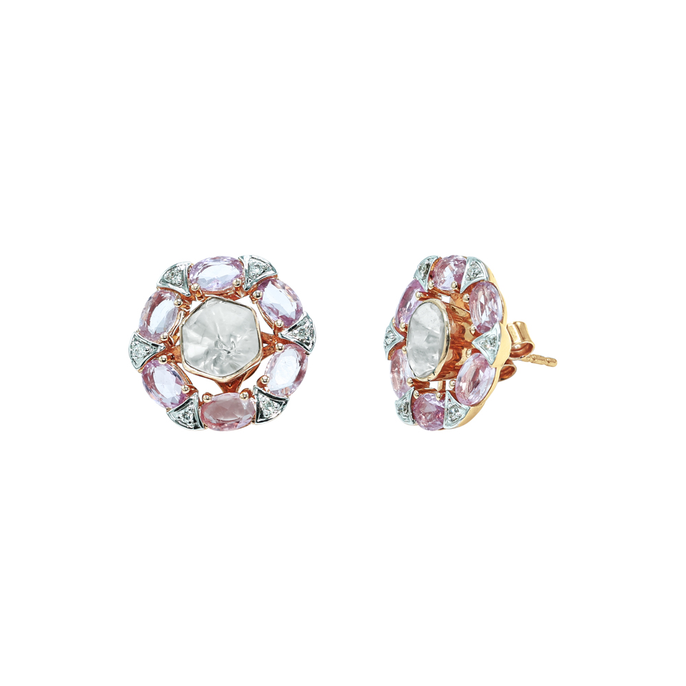 Polki Diamond Studs with Pink Sapphire Gem Halo and Pav&eacute; Detailing